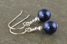 Dark Navy Night Blue Glass Pearl   Sterling Silver Drop Earrings With Gift Box