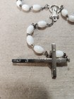 Vintage Italian White Bead Rosary Silver Tone Crucifix Leather Pouch Catholic