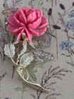 Vintage Pink Rose Flower Brooch Pin  Silver Tone Metal plastic  3 In  No Stone