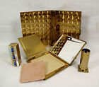 Art Deco Mother Of Pearl Gold Toned Compact  Cigarette Case  Lipstick Holder Set