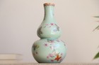 Chinese Celadon Glaze Famille Rose Butterfly Double Gourd  Hulu Vase Decor