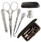 Antique Beautiful Sterling Silver Sewing Kit Set With Leather Case Late 19th C