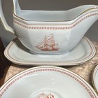 Spode Ship Pattern Gravy Boat Set W  2 Underplates White Red Gold