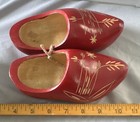 Vintage Red Dutch Wooden Clogs Shoes Hand Carved Hand Painted Gold Floral