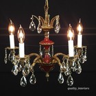 Antique French Brass Dark Patina Empire Oxblood Red 5 Arm 5 Light Chandelier