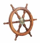 Nautical Wall 6 Spoke Replica Teak 24  Wooden Ship Steering Wheel Brass Center