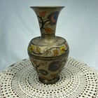 Vintage Indian Solid Brass Etched Hand Painted Floral Vase 8 75  Boho Decor