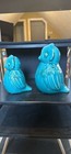 Vintage Turquoise Crackle Glaze Ceramic Owl Figurines Pair Mcm Boho 6      8   