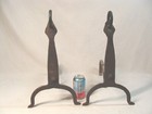 Antique Primitive 19c Forged Iron Ring Top Fireplace Andirons