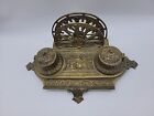 Antique Vintage Brass French Depose Ornate Inkwell Desktop Stand Holder Belgium