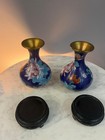 Set Of 2 Vintage Blue Chinese Cloisonn   Enamel Vases With Wood Stands As Is 7 5 