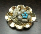 Antique 1850s Biedermeier Austrian Gilt 800 Silver   Turquoise Flower Brooch