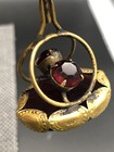 Antique Hatpin Large Swirl Purple Glass   Red Cut   Brass Signed  12 1 2 Inches