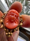 Antique Art Nouveau Sardinian Coral Cameo Brooch  Hallmarked  10k Gold Goddess