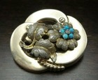 Antique 1850s Biedermeier Austrian Gilt 800 Silver   Turquoise Flower Brooch