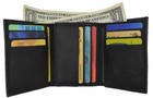 Black Mens Genuine Lamb Leather Flap Up Id Credit Card Holder Trifold Wallet