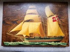 Vintage Maritime Folk Art  Signed Wooden Inlaid Painting Providentia Ship 15x10 