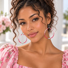 Pink Seed Bead Hoop Earrings  Silver Heart Earrings