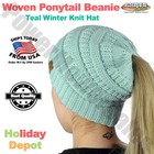 Cable Knit Teal Soft Stretch Beanie Winter Hat With Ponytail Hole For Women