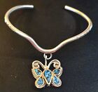 Mexico Taxco Sterling Silver Cuff Bangle W Dangle Turquoise Butterfly Pendant 