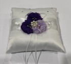 White Satin Ring Bearer Pillow With Purple lavender Rhinestone Faux Pearls