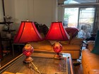 Vintage  Etched Cranberry Glass  Bronze Frame Table Lamp cranberry Shade 24 tall