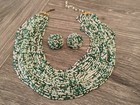 Vintage Italian Glass Seed Bead Necklace And Clip On Earrings Set Green White 