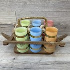 Siesta Ware 6 Piece Tiki Mugs With Carrier Wood Brass Pastels