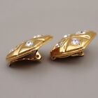 Chanel Cc Logo Diamond Shape Rhinestone Button Earrings Clip-on Gold 35yh059
