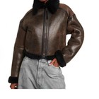 Women   s Brown Faux Shearling Aviator Jacket Cropped Biker Winter Coat Uk