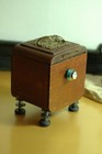 Antique Wood Folk Art Trinket Box Vintage Bobbins Pearl Crystal Handles