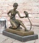 Signed Chiparus Girl With Parrot Bronze Statue Marble Base Sculpture Decor Art