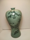 Korean Celadon Vase Crackle Glaze 14  Floral Garden  Green  Red  Signed