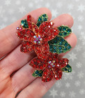 Poinsettia Crystal Pave Magnetic Brooch   Christmas Flower Jewelry  Holiday Pin