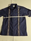 Men s Mexican Guayabera Shirt Navy Blue Gold Embroidered Short Sleeve Size 38