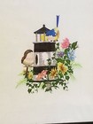 Framed Completed Embroidery Piece Birds Lighthouse Birdhouse Wall Decor