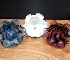 Lot Of 3 Fenton Glass Paisley Swirl Bells Blue Purple And White Silver Crest