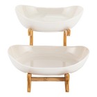 2 Tiered Anti Slip Fruit Bowl Set Raised Bamboo Frame Lead Free Glazed Ceramic