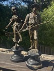 Pair Of Antique French Spelter Figures Man W  Rake   Woman W Basket H 13   -14   