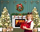 10x8ft Green Christmas Fireplace Photography Backdrop Photo Booth Props