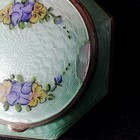 Vintage Green Guilloche Enamel Floral Octagonal Powder Compact Mirror