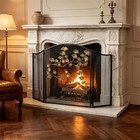 48x30  3 Panel Fireplace Screen Folding Spark Guard Decorative Ginkgo Leaf Black