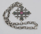 Antique 900 Coin Silver Jerusalem Cross Etruscan W  Handmade Chain Necklace
