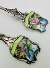 Set Of 2 Painted Enamel Jam Sugar Spoons Czechoslovakia Antique Bird Woman