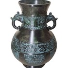 Signed Antique Cast Bronze Chinese Archaic Style Vase Double Elephant Handle 11 