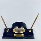 Vintage 1990 Black Marble Desk Quartz Clock Stationary With Two Pen Holders