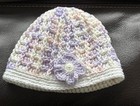 Crocheted Waffle Stitch Beanie - Purple  Pink  White With Purple Flower Womenhat