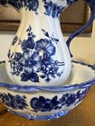Rare Vtg Blue And White Cracker Barrel 64 Oz Floral Pitcher And Bowl Mint   