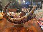 Vintage 11    Hand Carved Horn Fish Sculpture Folk Art Wood Base Nautical Decor