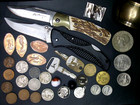 Vintage Lot Junk Drawer Knives Charm Tokens Charm Coins Silver Antique Metal Mix